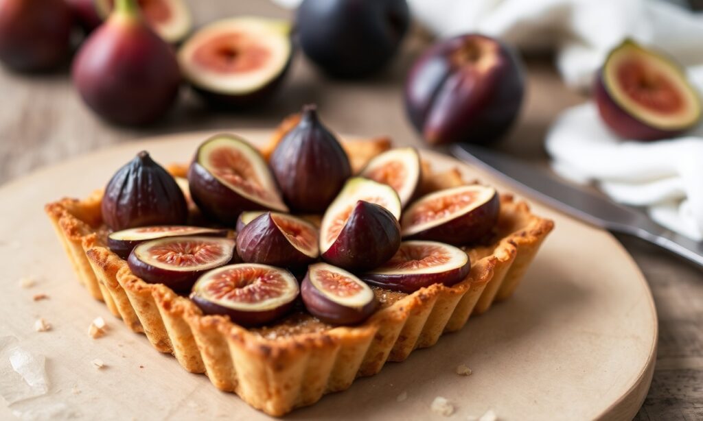 Delightful fig tart with almond, rustic artisan dessert.