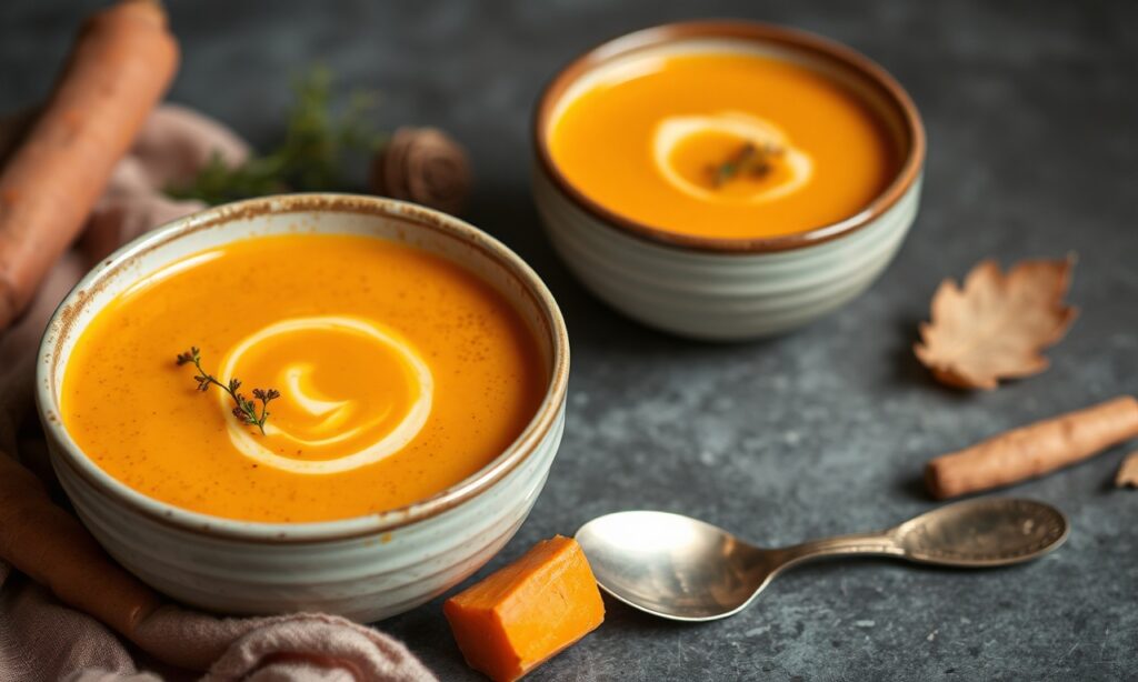 Hearty roasted potato carrot soup recipe, autumn comfort food.