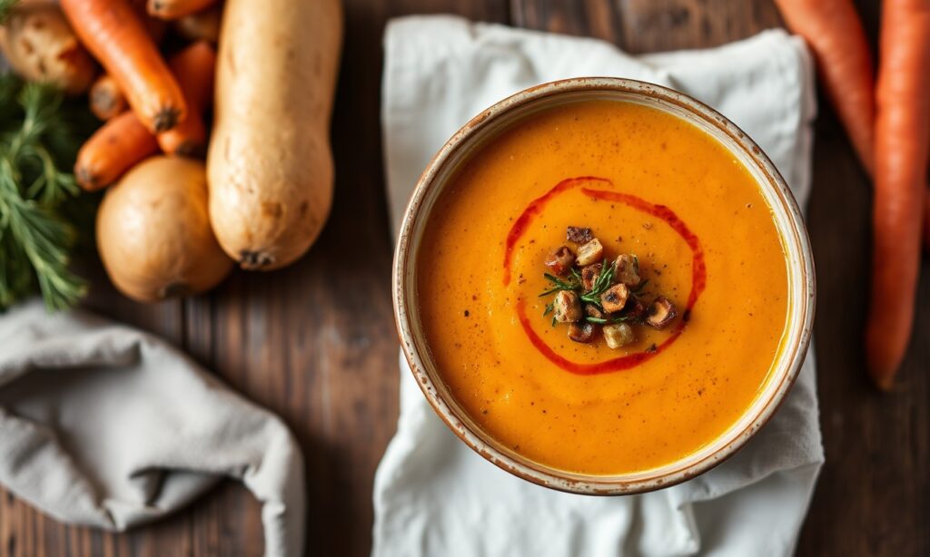 Hearty roasted potato carrot soup recipe, autumn comfort food.