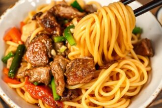 Japchae Unveiled: Delicious Korean glass noodle stir-fry art.