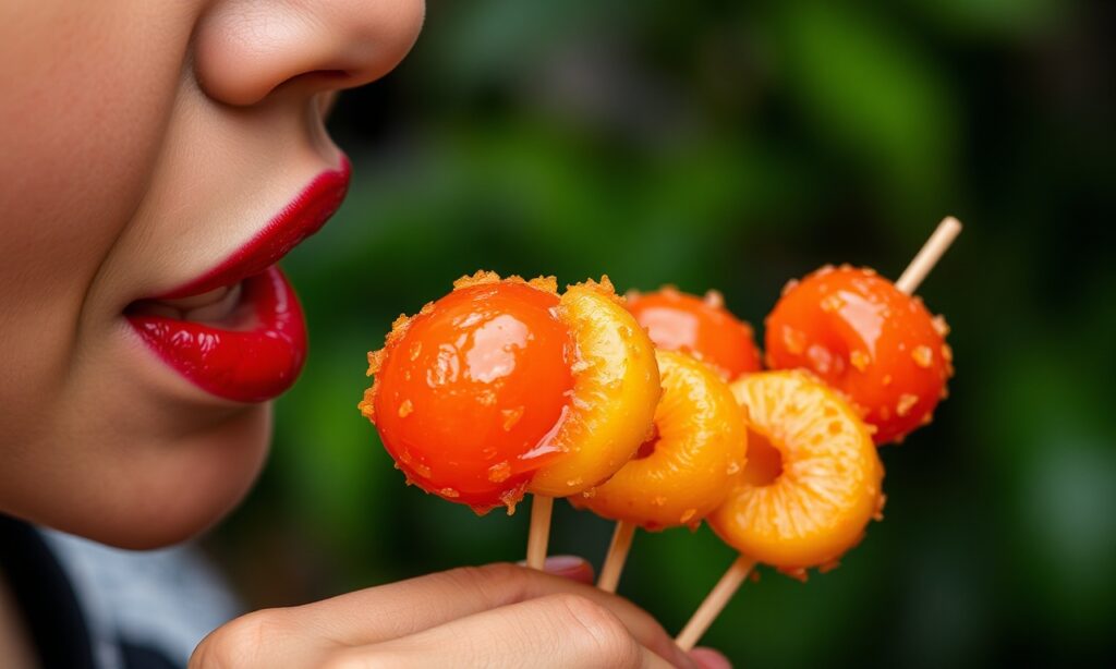 Tanghulu: Crispy candied fruit skewers, a delightful sweet art.