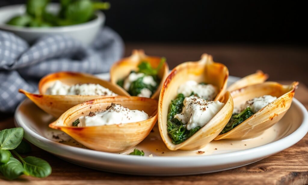 Creamy ricotta spinach shells: a heavenly comfort food classic.