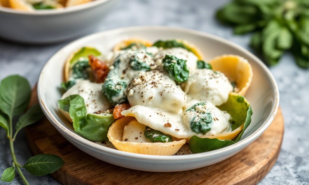 Creamy ricotta shells with spinach, a comforting and vibrant classic dish.