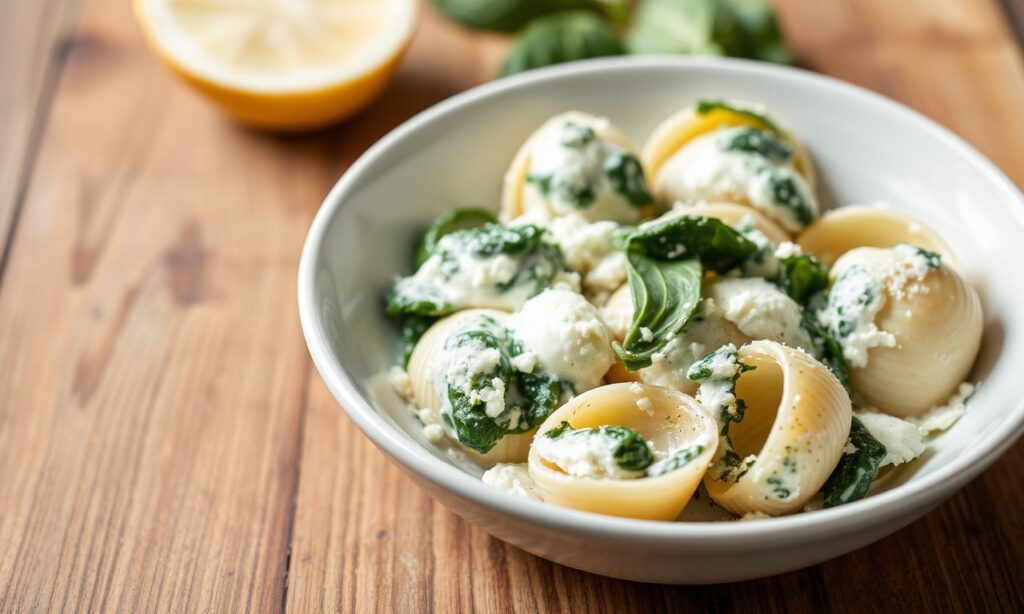 Creamy ricotta shells with spinach, a comforting and vibrant classic dish.