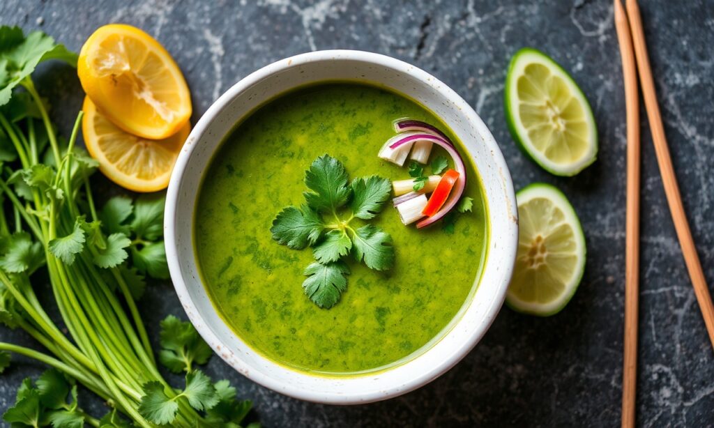 Vibrant Thai green curry with fresh vegetables and coconut milk.