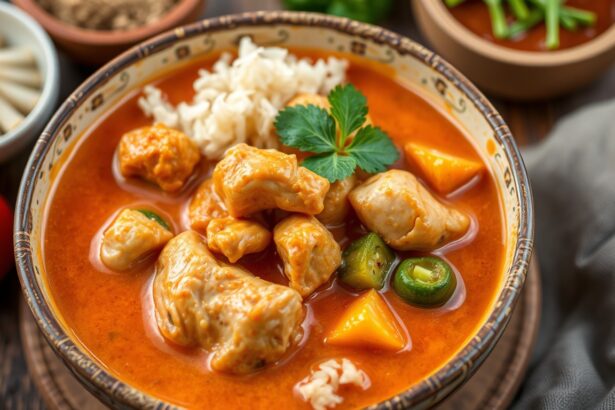 Delicious Thai chicken curry with vibrant vegetables.