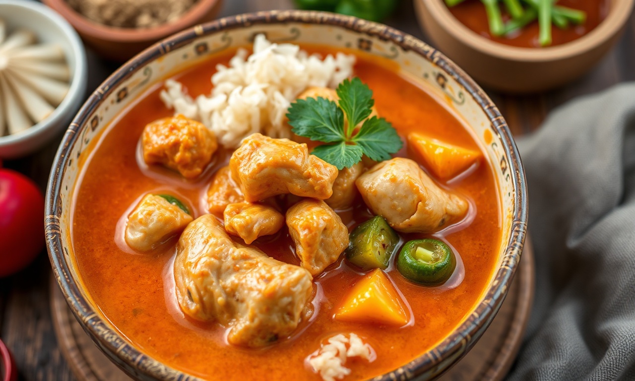 Delicious Thai chicken curry with vibrant vegetables.