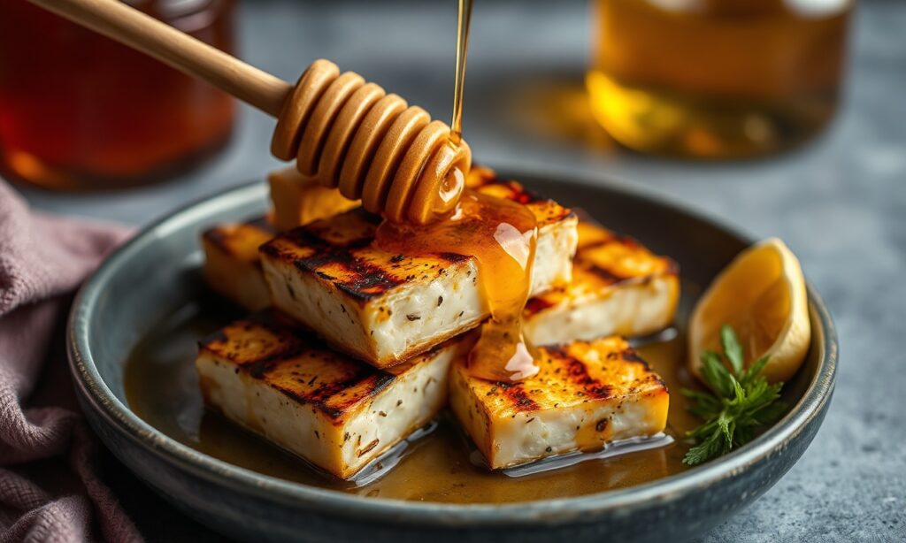 Sweet heat grilled halloumi with hot honey drizzle.