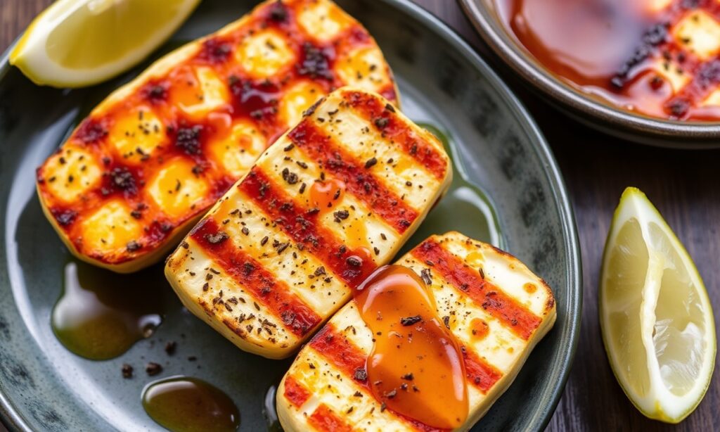 Sweet Heat grilled halloumi with hot honey, a delightful flavor dance.