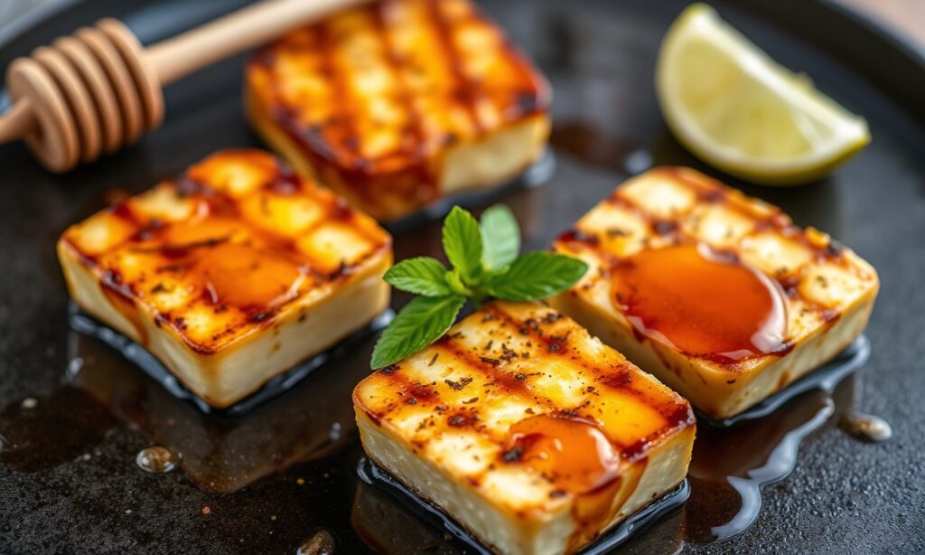 Sweet Heat grilled halloumi with hot honey, a delightful flavor dance.