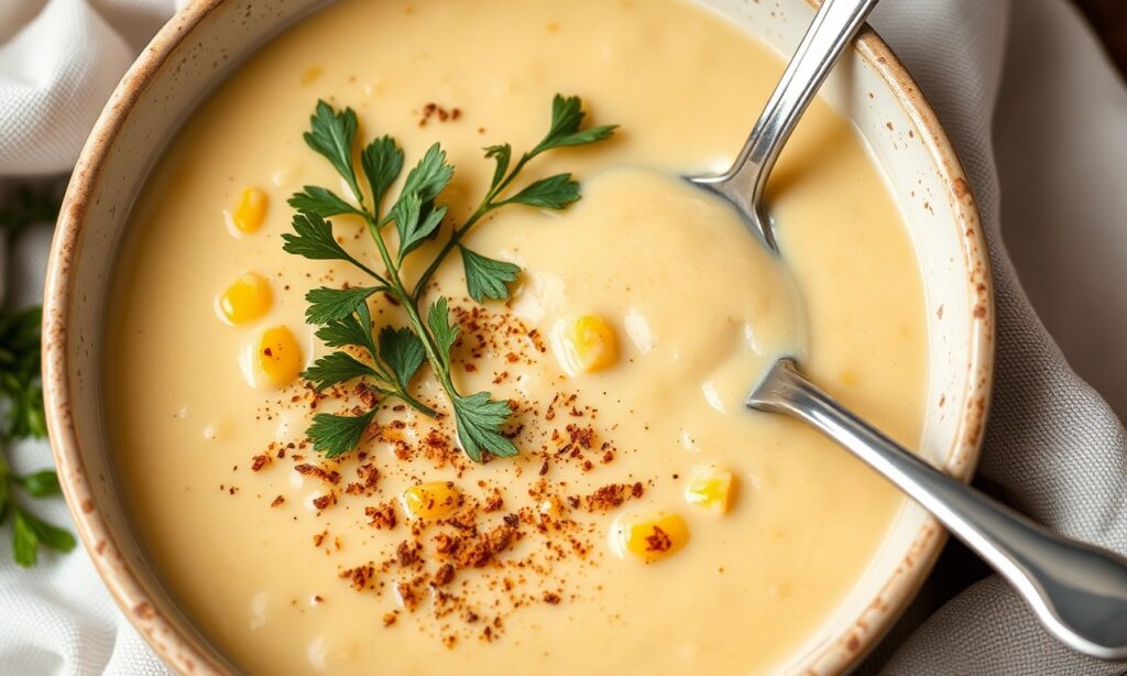 Creamy vegan corn chowder bowl, plant-powered comfort food.
