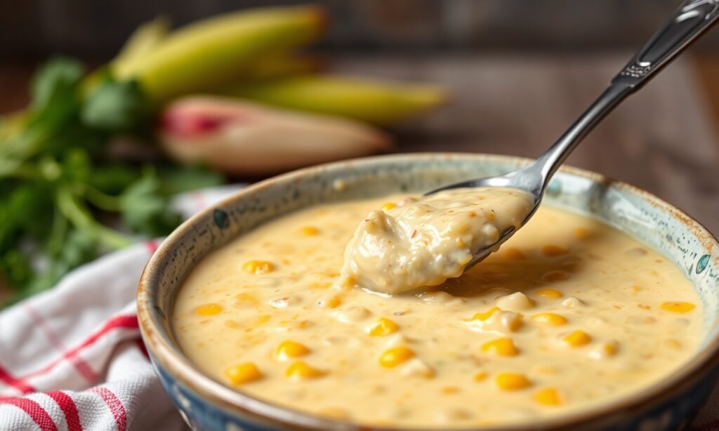 Creamy vegan corn chowder: hearty, velvety comfort in a bowl.
