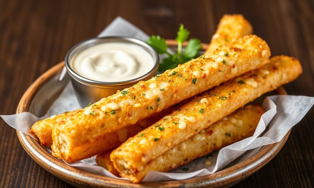 Golden Cheesy garlic breadsticks, baked to perfection, aroma unfolds.