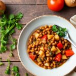 Hearty braised lentils with vibrant vegetables, a wholesome meal.