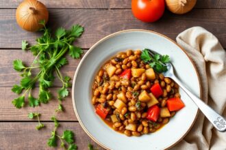 Hearty braised lentils with vibrant vegetables, a wholesome meal.