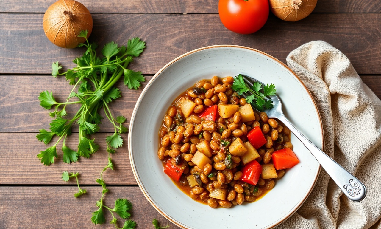 Hearty braised lentils with vibrant vegetables, a wholesome meal.