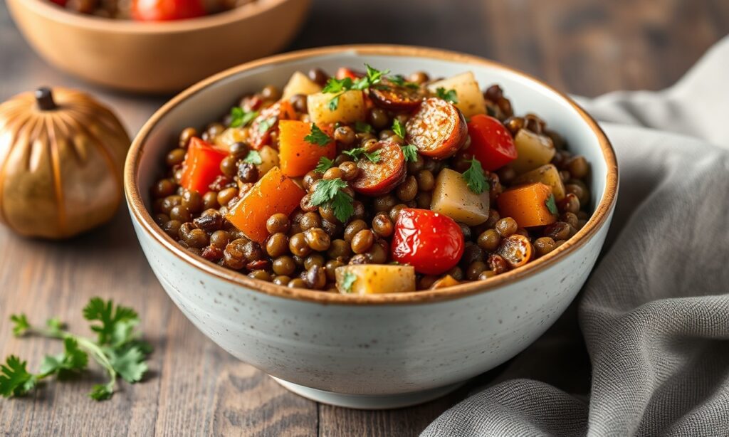 Hearty braised lentils with vegetables, a nourishing delight.