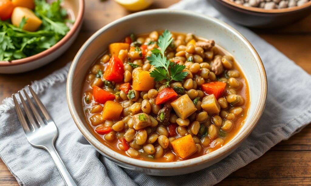 Hearty braised lentils with colorful vegetables, a nourishing delight.