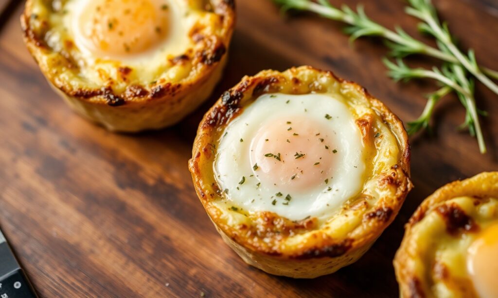Savory mushroom and Gruyère baked egg cups recipe.