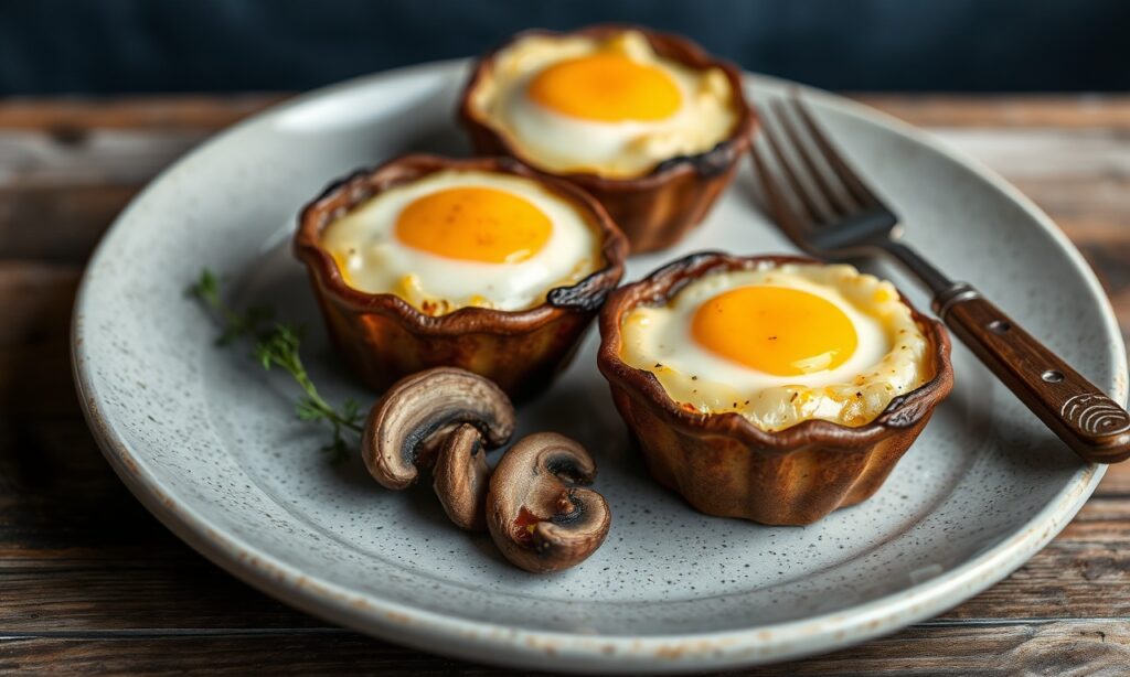 Savory mushroom and Gruyère baked egg cups, cheesy comfort.