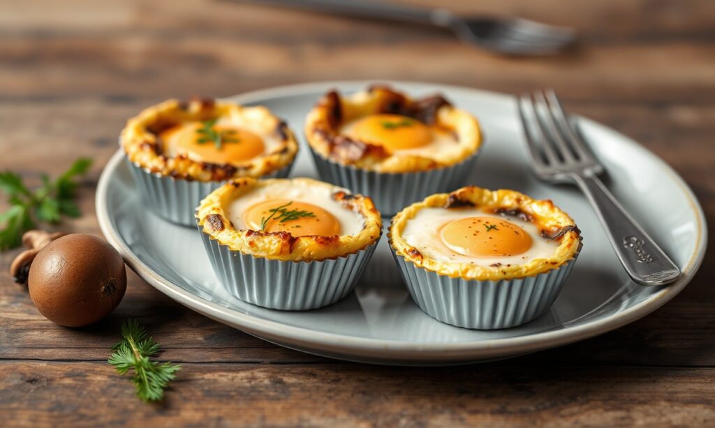 Savory mushroom and Gruyère baked egg cups, cheesy comfort.