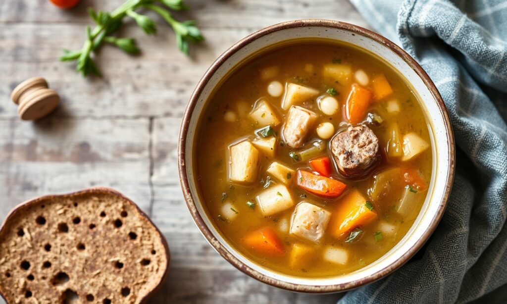 Hearty vegetarian Scotch broth: comforting, magical twist on classic soup.