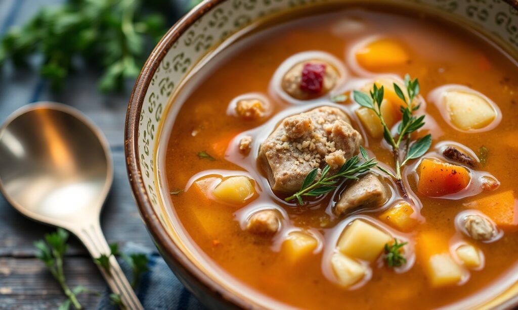 Hearty vegetarian Scotch broth: comforting, magical twist on classic soup.