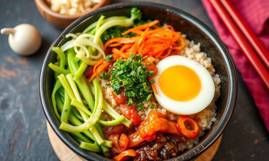 Bibimbap Delight: Colorful Korean veggie harmony bowl.