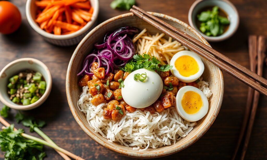 Bibimbap delight: Colorful Korean veggie harmony in a bowl.