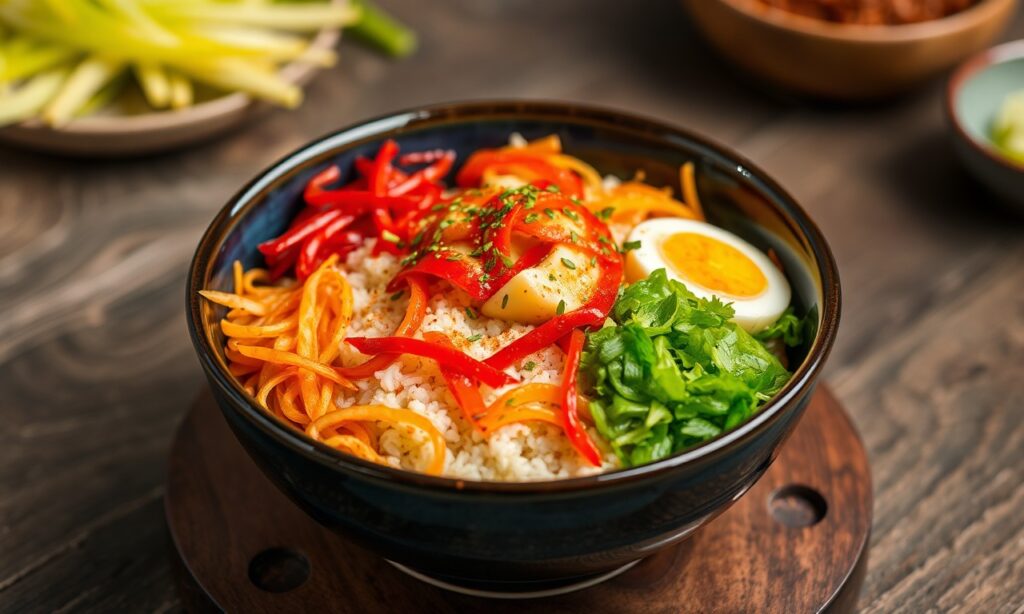 Bibimbap Delight: Vibrant Korean veggie harmony in a colorful bowl.