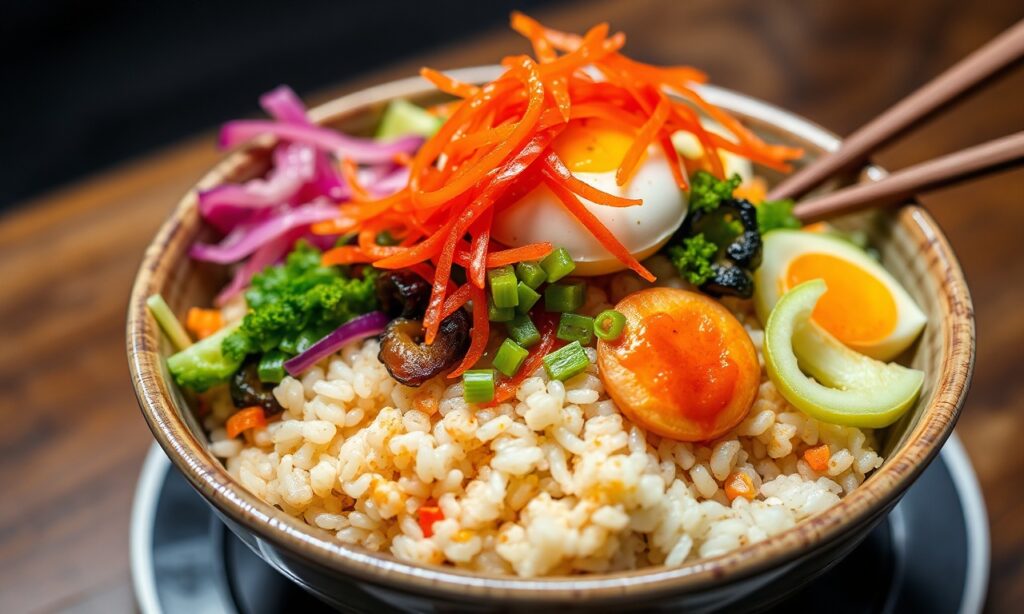 Bibimbap Delight: Vibrant Korean veggie harmony in a colorful bowl.