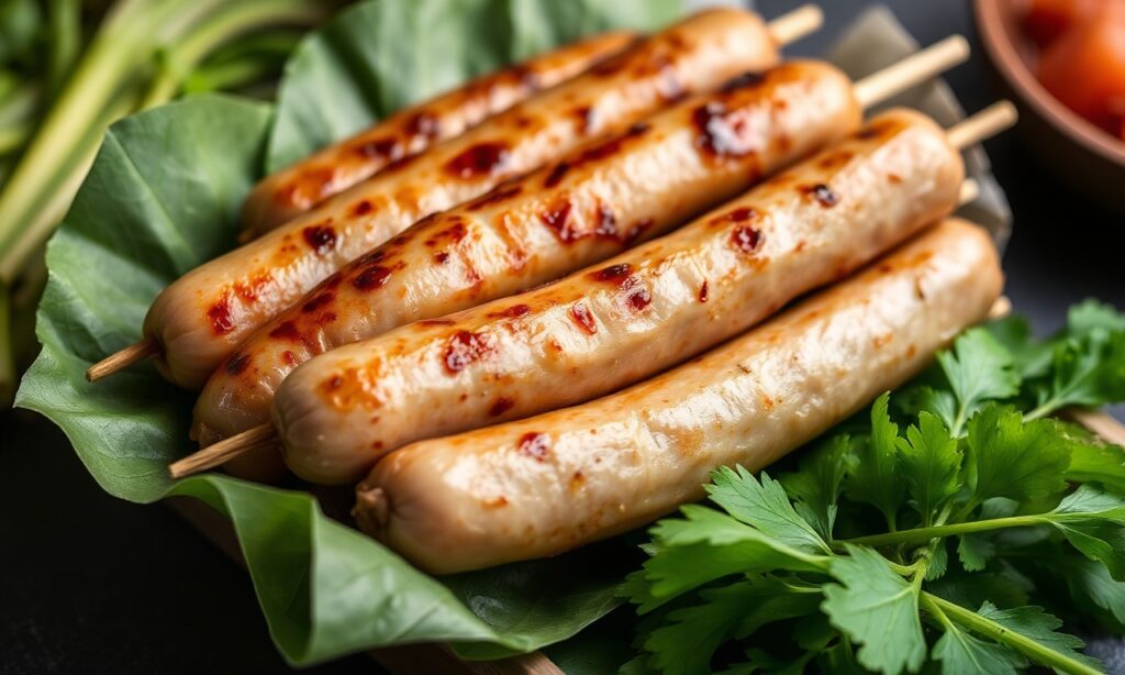 Savoring Nem Nuong: Delicious Vietnamese grilled sausages at street stalls or home.