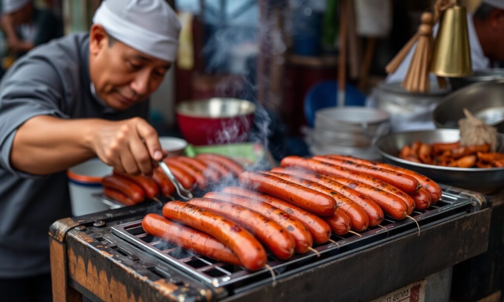 Savoring Nem Nuong: delicious Vietnamese grilled sausages, a culinary delight.