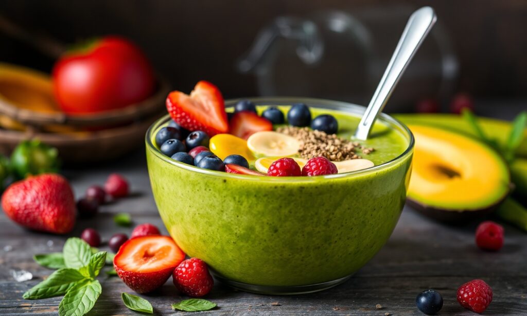 Energize day: Vibrant Green Goddess smoothie bowl for a colorful pick-me-up.