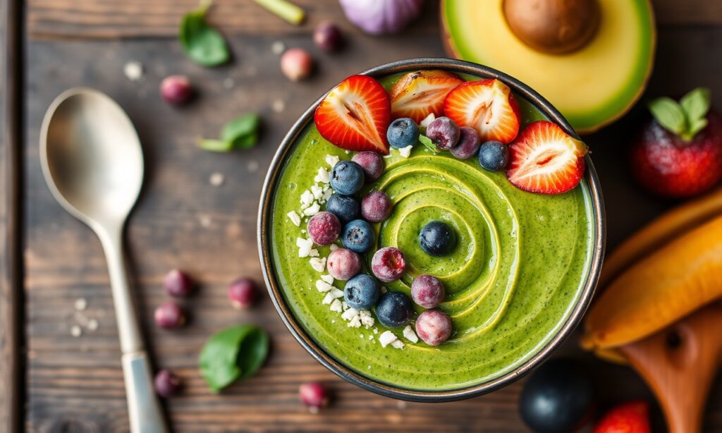 Energize day: Vibrant green goddess smoothie bowl for morning vitality.