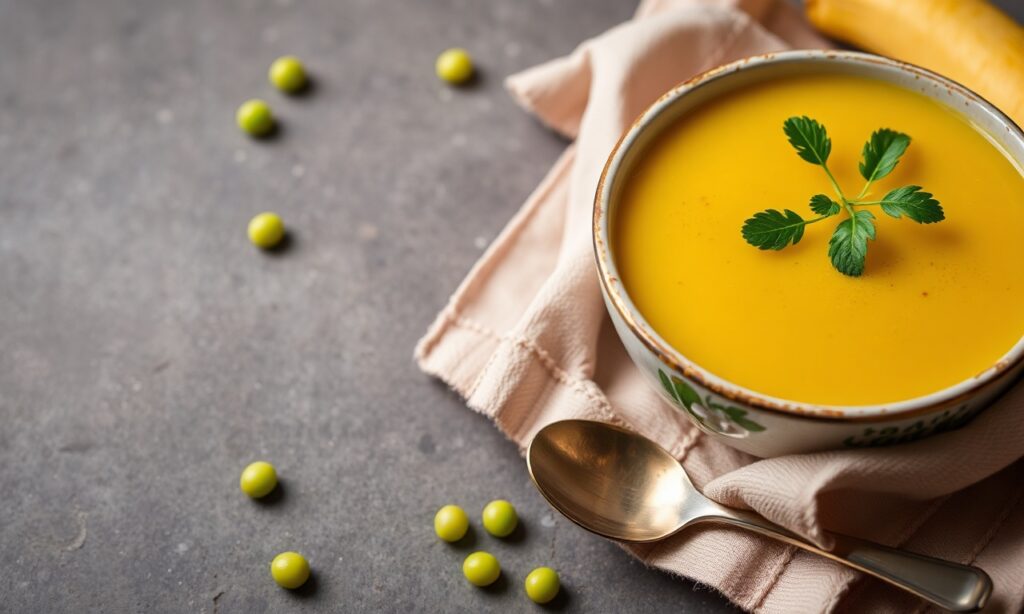 Hearty yellow split pea soup, ultimate comfort food.