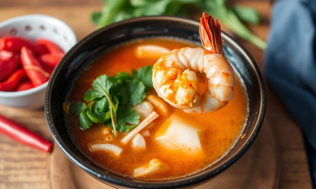 Fiery Tom Yum Goong: Thailand's vibrant sour soup delight.