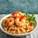 Savory Mediterranean couscous with zesty shrimp, a delightful meal.