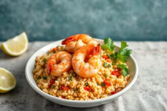 Savory Mediterranean couscous with zesty shrimp, a delightful meal.