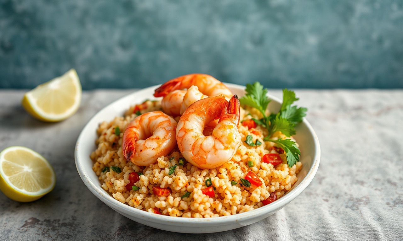 Savory Mediterranean couscous with zesty shrimp, a delightful meal.