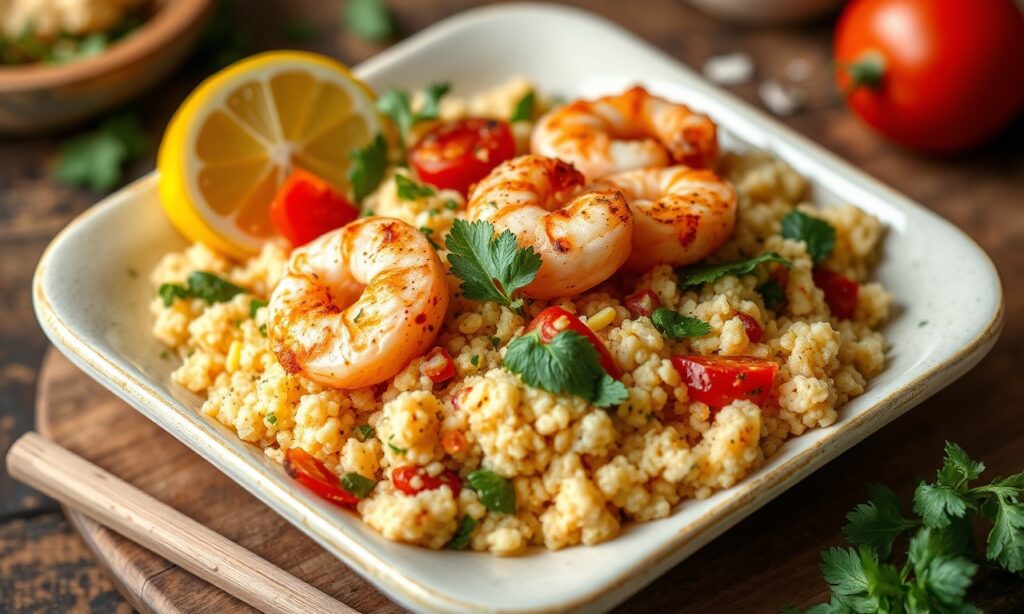 Savory Mediterranean couscous with zesty shrimp, a vibrant and flavorful dish.