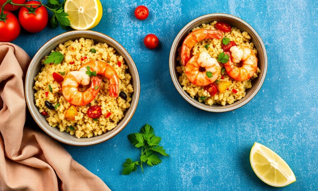 Savory Mediterranean couscous with zesty shrimp, vibrant flavors.