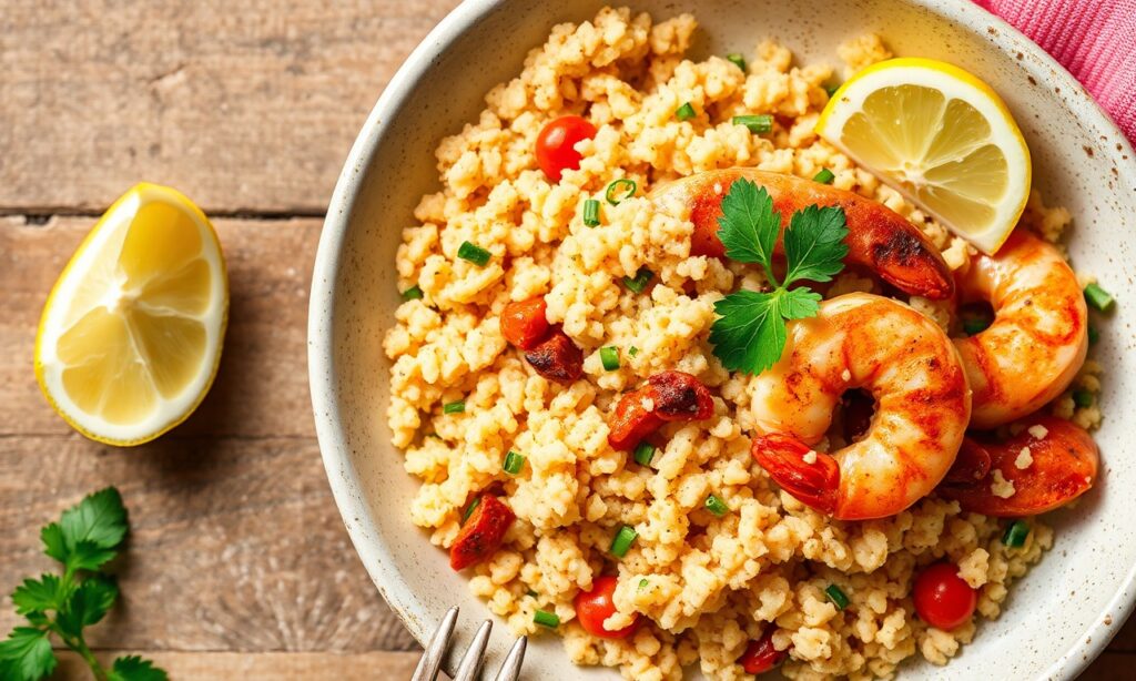 Savory Mediterranean couscous with zesty shrimp, vibrant flavors.