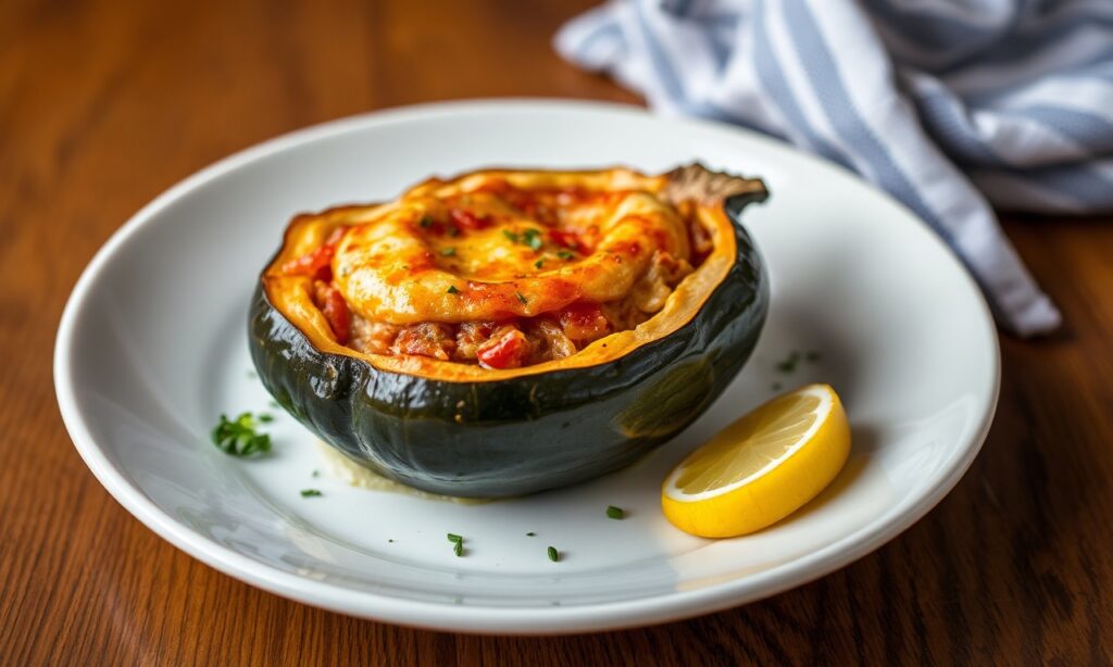 Delicious Zapallo Relleno: a golden crust stuffed squash delight.