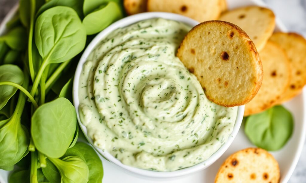 Creamy vegan spinach dip, vibrant and delicious plant-based appetizer.