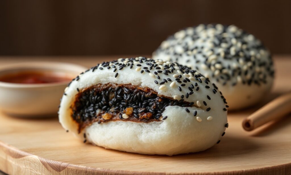 Fluffy steamed black sesame buns, a delicious traditional treat.