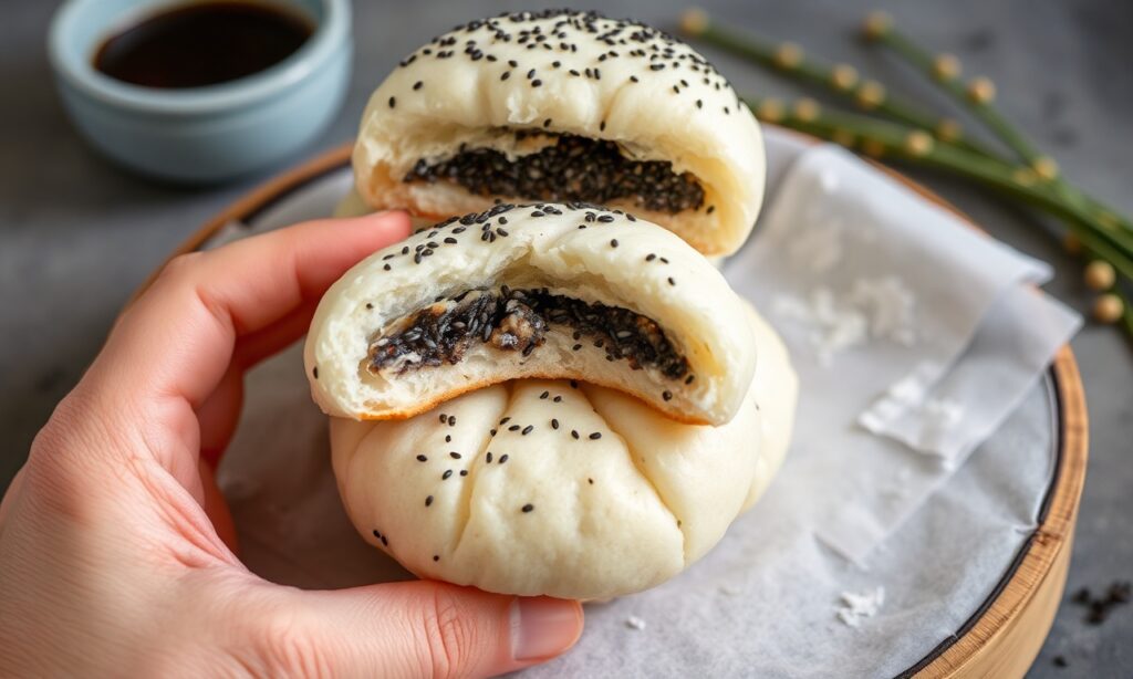 Fluffy steamed black sesame buns, a delicious traditional treat.