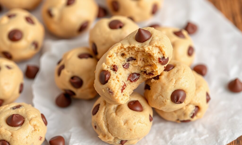 Delicious cookie dough bites: heavenly sweet bliss, irresistible cookie dough.