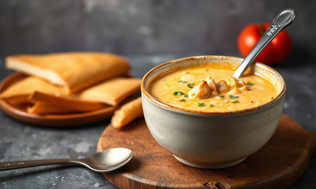 Cozy bowl of creamy buffalo chicken soup, perfect comfort food.