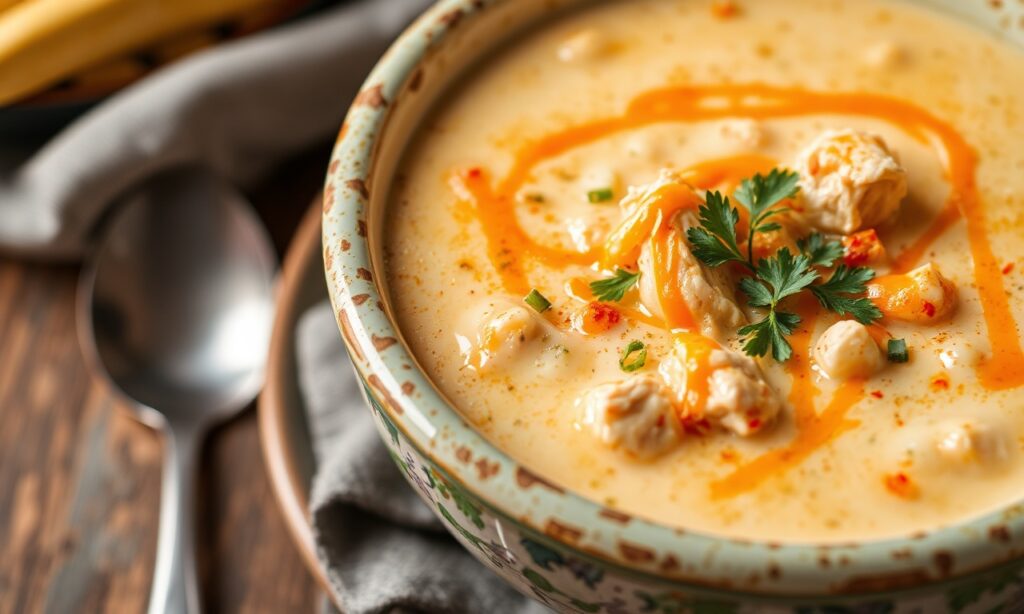 Creamy buffalo chicken soup, cozy comfort in a bowl.